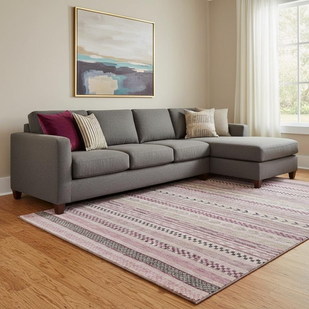 HomeRoots 8' X 10' Pink and Gray Striped Washable Area Rug - Durable, UV-Protected, Perfect for Families! 695190