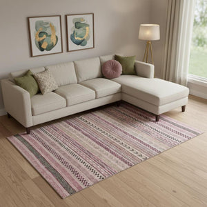 HomeRoots 9' X 12' Stylish Pink and Gray Striped Washable Area Rug with UV Protection for Easy Care and Comfort 695191