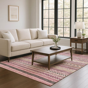 HomeRoots 9' X 12' Stylish Pink and Gray Striped Washable Area Rug with UV Protection for Easy Care and Comfort 695191