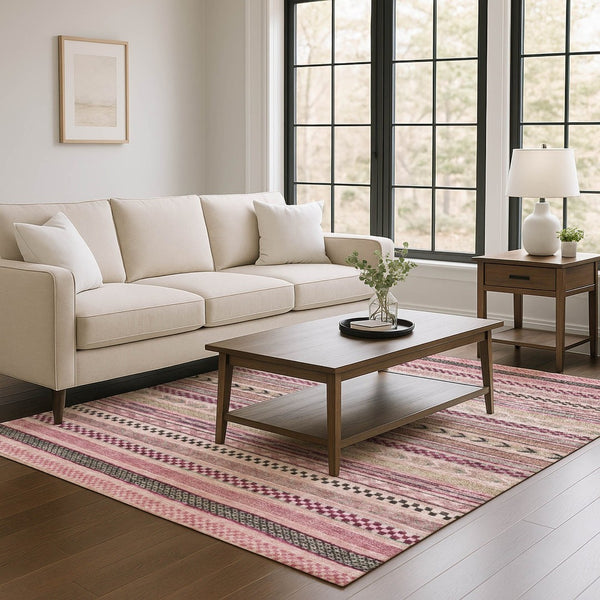 HomeRoots 9' X 12' Stylish Pink and Gray Striped Washable Area Rug with UV Protection for Easy Care and Comfort 695191