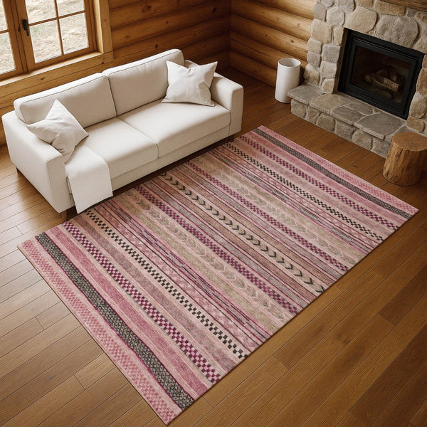 HomeRoots 9' X 12' Stylish Pink and Gray Striped Washable Area Rug with UV Protection for Easy Care and Comfort 695191