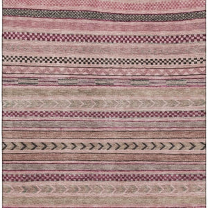HomeRoots 9' X 12' Stylish Pink and Gray Striped Washable Area Rug with UV Protection for Easy Care and Comfort 695191