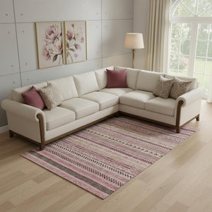 HomeRoots 10' Pink and Gray Striped Washable Area Rug - UV Protection, Stain Resistant, Ideal for High-Traffic Homes 695192