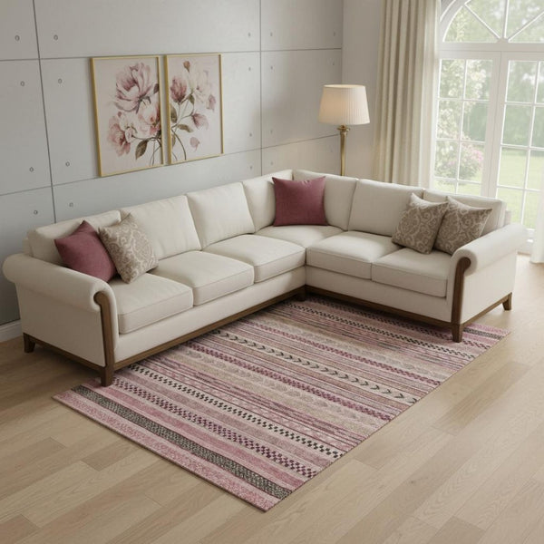 HomeRoots 10' Pink and Gray Striped Washable Area Rug - UV Protection, Stain Resistant, Ideal for High-Traffic Homes 695192