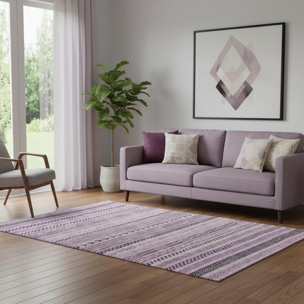 HomeRoots 5' X 8' Stylish Plum and Gray Striped Washable Area Rug with UV Protection for Home & Family Use 695194