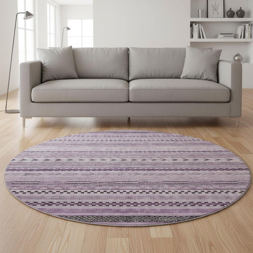 HomeRoots 8' Stylish Plum and Gray Striped Washable Round Rug - Durable, UV-Protected, Easy-Care Design for Any Room 695195