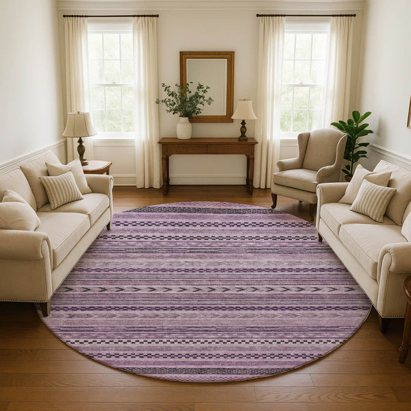 HomeRoots 8' Stylish Plum and Gray Striped Washable Round Rug - Durable, UV-Protected, Easy-Care Design for Any Room 695195
