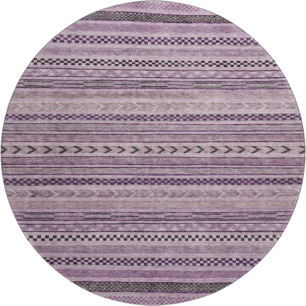 HomeRoots 8' Stylish Plum and Gray Striped Washable Round Rug - Durable, UV-Protected, Easy-Care Design for Any Room 695195
