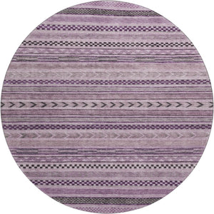HomeRoots 8' Stylish Plum and Gray Striped Washable Round Rug - Durable, UV-Protected, Easy-Care Design for Any Room 695195