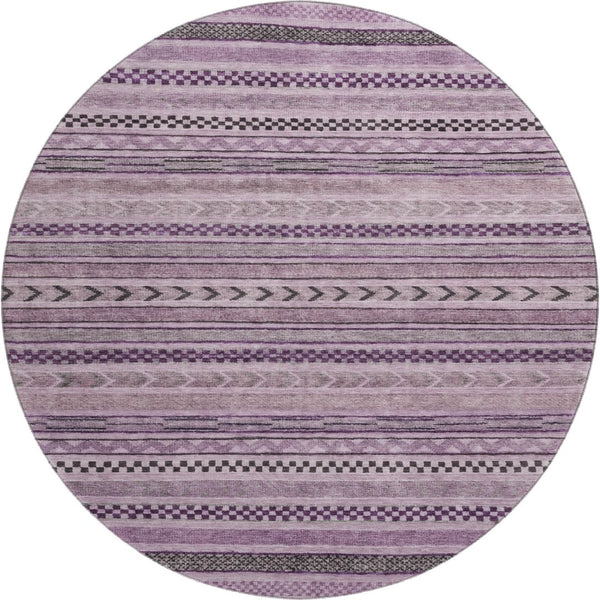 HomeRoots 8' Stylish Plum and Gray Striped Washable Round Rug - Durable, UV-Protected, Easy-Care Design for Any Room 695195