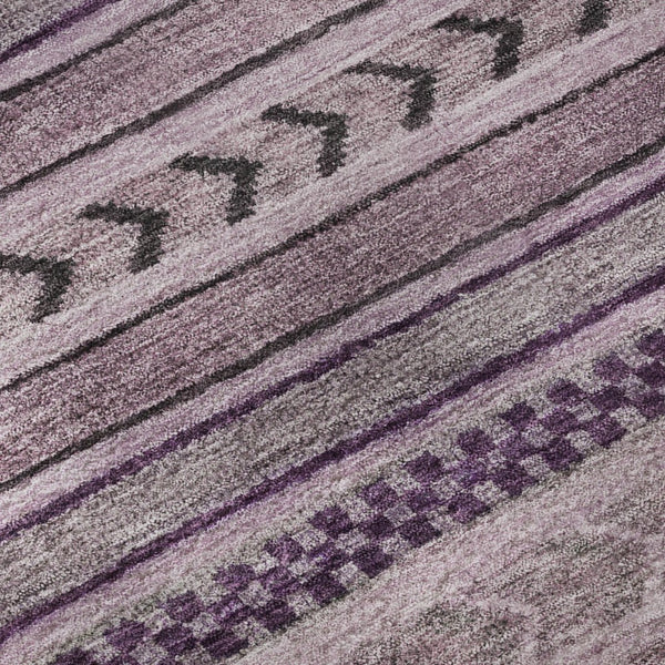 HomeRoots 8' Stylish Plum and Gray Striped Washable Round Rug - Durable, UV-Protected, Easy-Care Design for Any Room 695195