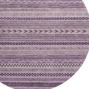 HomeRoots 8' Stylish Plum and Gray Striped Washable Round Rug - Durable, UV-Protected, Easy-Care Design for Any Room 695195