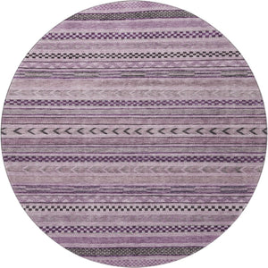 HomeRoots 8' Stylish Plum and Gray Striped Washable Round Rug - Durable, UV-Protected, Easy-Care Design for Any Room 695195