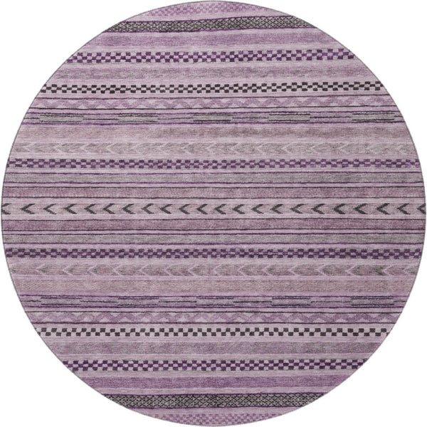HomeRoots 8' Stylish Plum and Gray Striped Washable Round Rug - Durable, UV-Protected, Easy-Care Design for Any Room 695195