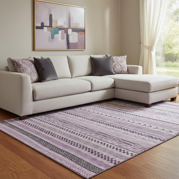 HomeRoots 8' X 10' Plum and Gray Striped Area Rug - Durable, Washable, UV Protected, Pet-Friendly Design 695196