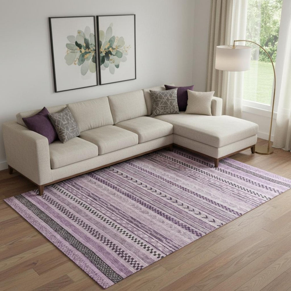 HomeRoots 9' X 12' Durable Plum and Gray Striped Area Rug – Washable, UV Protected, Ideal for Family Life 695197