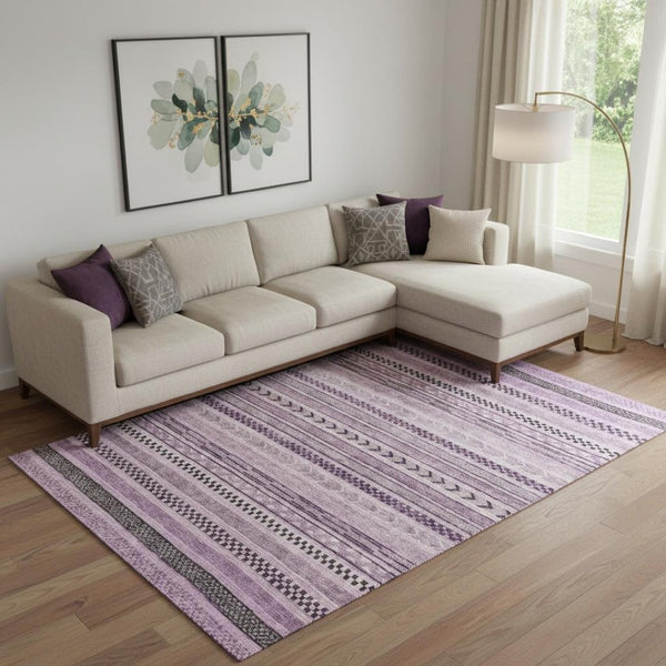 HomeRoots 9' X 12' Durable Plum and Gray Striped Area Rug – Washable, UV Protected, Ideal for Family Life 695197