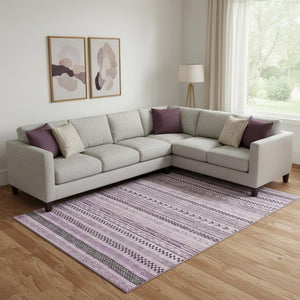 HomeRoots 10' X 14' Stylish Plum & Gray Striped Area Rug - Washable, UV Protected, & Perfect for Busy Homes 695198