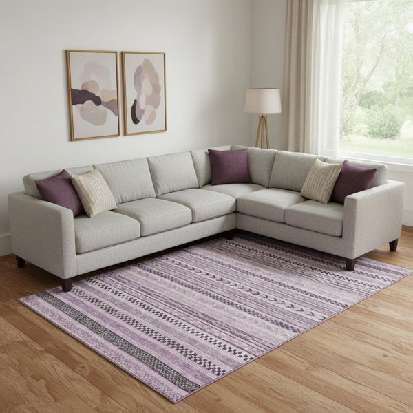 HomeRoots 10' X 14' Stylish Plum & Gray Striped Area Rug - Washable, UV Protected, & Perfect for Busy Homes 695198