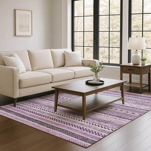 HomeRoots 10' X 14' Stylish Plum & Gray Striped Area Rug - Washable, UV Protected, & Perfect for Busy Homes 695198