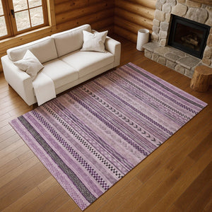 HomeRoots 10' X 14' Stylish Plum & Gray Striped Area Rug - Washable, UV Protected, & Perfect for Busy Homes 695198