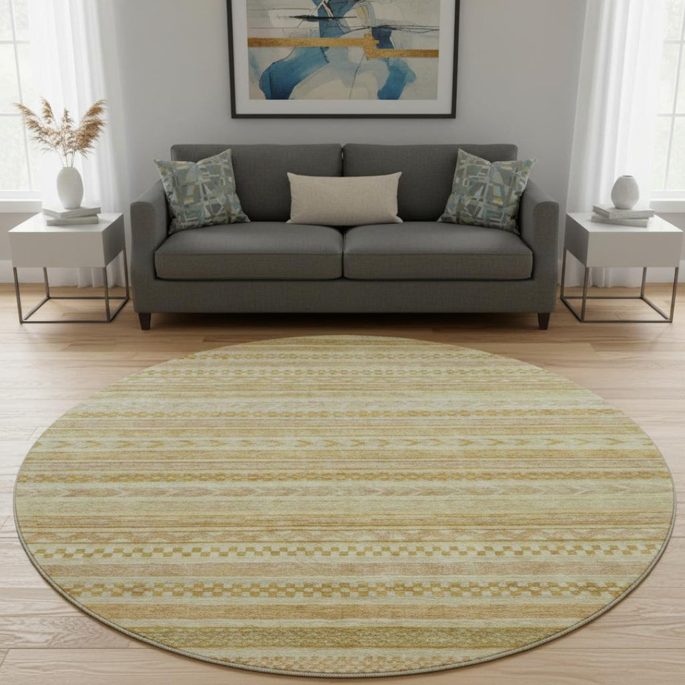 HomeRoots 8' Salmon Gold Beige Striped Washable Round Rug with UV Protection – Perfect for High-Traffic Homes! 695201