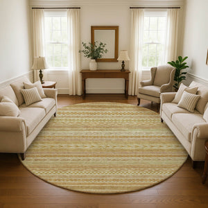 HomeRoots 8' Salmon Gold Beige Striped Washable Round Rug with UV Protection – Perfect for High-Traffic Homes! 695201