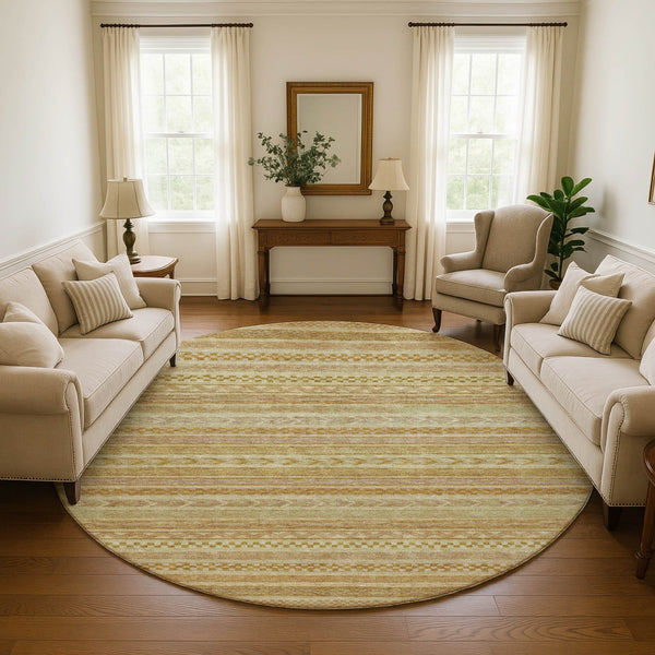 HomeRoots 8' Salmon Gold Beige Striped Washable Round Rug with UV Protection – Perfect for High-Traffic Homes! 695201