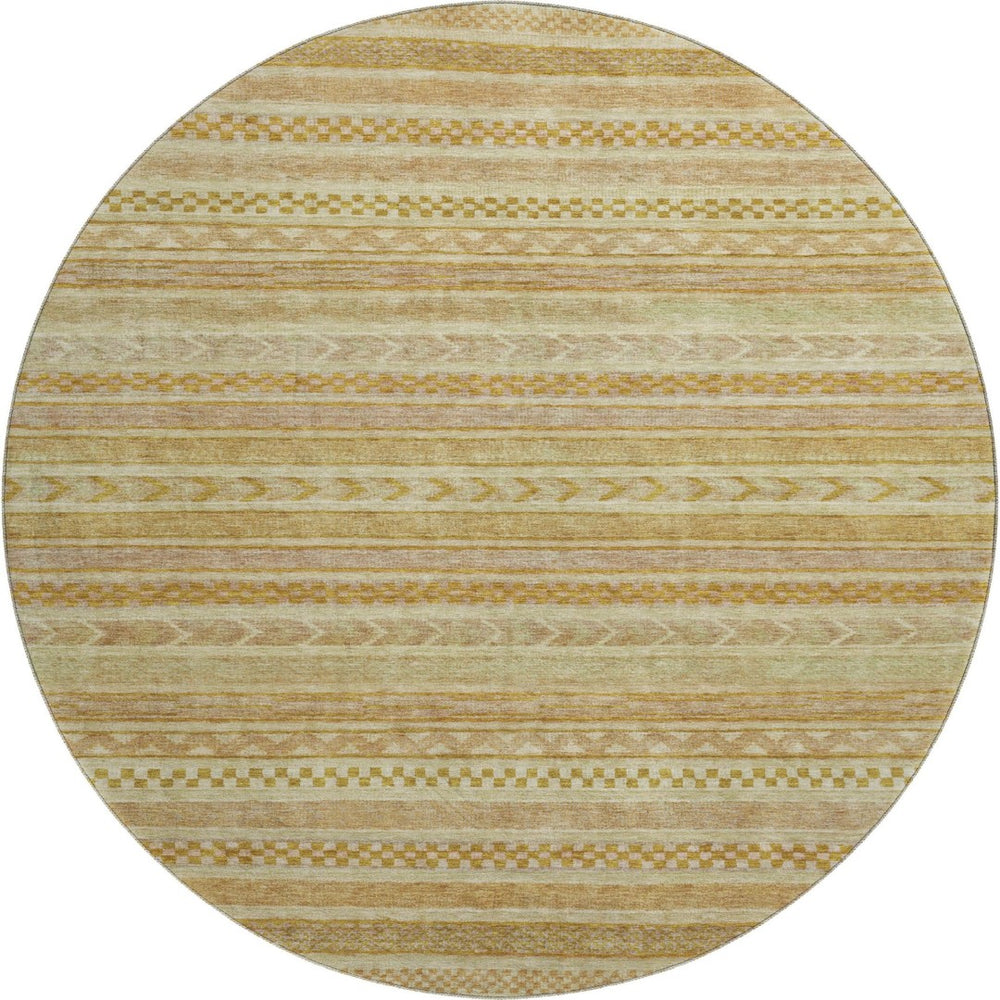 HomeRoots 8' Salmon Gold Beige Striped Washable Round Rug with UV Protection – Perfect for High-Traffic Homes! 695201