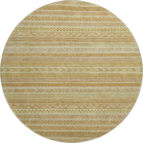HomeRoots 8' Salmon Gold Beige Striped Washable Round Rug with UV Protection – Perfect for High-Traffic Homes! 695201