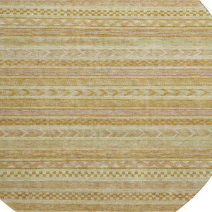 HomeRoots 8' Salmon Gold Beige Striped Washable Round Rug with UV Protection – Perfect for High-Traffic Homes! 695201