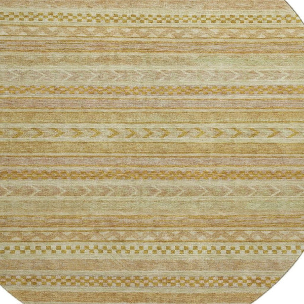 HomeRoots 8' Salmon Gold Beige Striped Washable Round Rug with UV Protection – Perfect for High-Traffic Homes! 695201