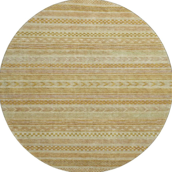 HomeRoots 8' Salmon Gold Beige Striped Washable Round Rug with UV Protection – Perfect for High-Traffic Homes! 695201