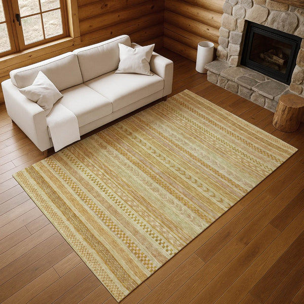 HomeRoots 10' X 14' Salmon Gold & Beige Striped Area Rug - Washable, UV Protected, Durable, Stain Resistant Design 695204