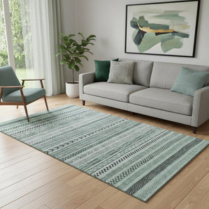 HomeRoots 5' X 8' Teal and Gray Striped Washable Area Rug with UV Protection for Stylish, Active Homes 695206