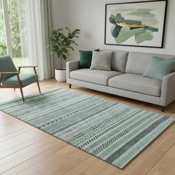 HomeRoots 5' X 8' Teal and Gray Striped Washable Area Rug with UV Protection for Stylish, Active Homes 695206