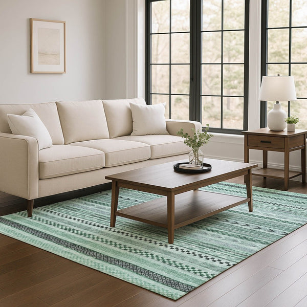HomeRoots 5' X 8' Teal and Gray Striped Washable Area Rug with UV Protection for Stylish, Active Homes 695206