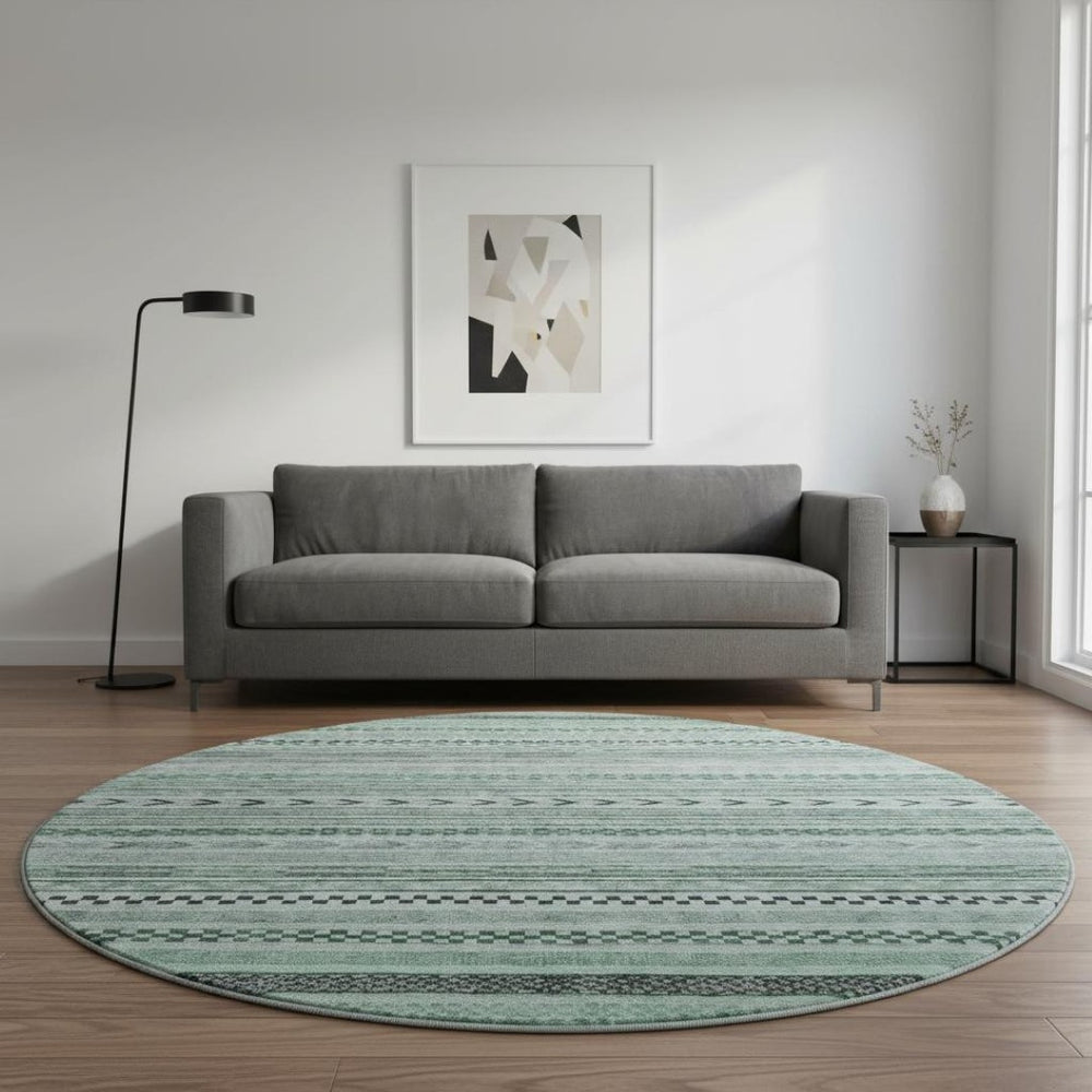 HomeRoots 8' Teal and Gray Striped Washable Round Rug - UV Protected, Durable & Stylish for Homes with Kids 695207