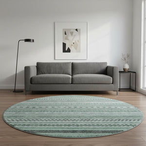 HomeRoots 8' Teal and Gray Striped Washable Round Rug - UV Protected, Durable & Stylish for Homes with Kids 695207