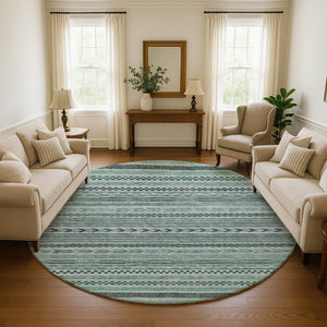HomeRoots 8' Teal and Gray Striped Washable Round Rug - UV Protected, Durable & Stylish for Homes with Kids 695207