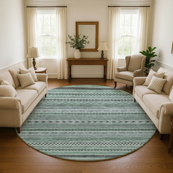 HomeRoots 8' Teal and Gray Striped Washable Round Rug - UV Protected, Durable & Stylish for Homes with Kids 695207
