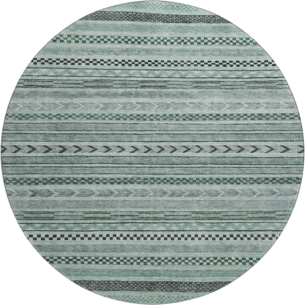 HomeRoots 8' Teal and Gray Striped Washable Round Rug - UV Protected, Durable & Stylish for Homes with Kids 695207