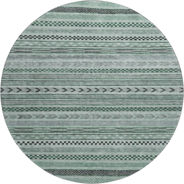 HomeRoots 8' Teal and Gray Striped Washable Round Rug - UV Protected, Durable & Stylish for Homes with Kids 695207