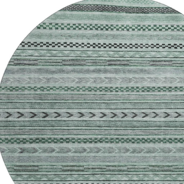 HomeRoots 8' Teal and Gray Striped Washable Round Rug - UV Protected, Durable & Stylish for Homes with Kids 695207