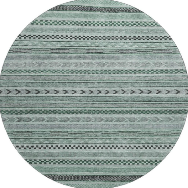 HomeRoots 8' Teal and Gray Striped Washable Round Rug - UV Protected, Durable & Stylish for Homes with Kids 695207