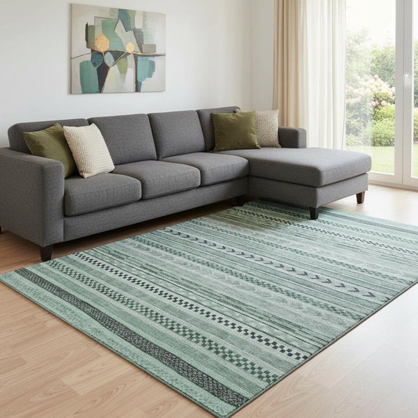 HomeRoots 8' X 10' Teal and Gray Striped Washable Area Rug - Durable, Stain-Resistant, UV Protected & Stylish 695208