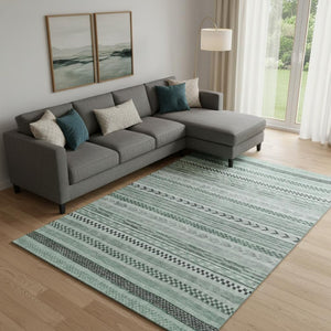 HomeRoots 9' X 12' Teal and Gray Striped Area Rug - Durable, Washable, UV Protected for High-Traffic Spaces 695209