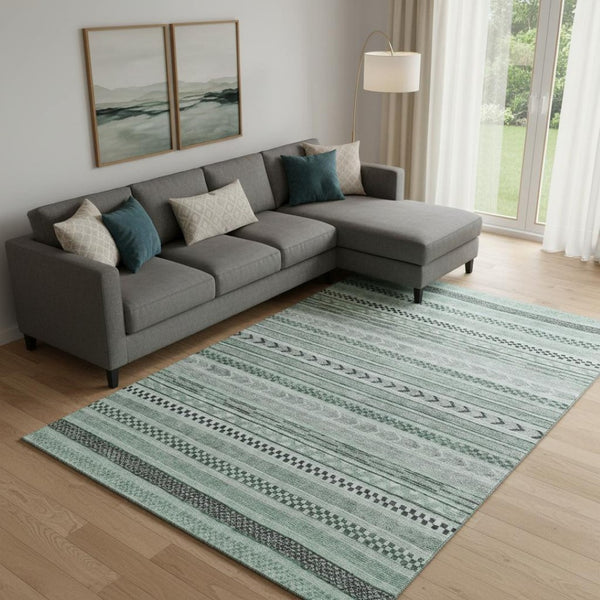 HomeRoots 9' X 12' Teal and Gray Striped Area Rug - Durable, Washable, UV Protected for High-Traffic Spaces 695209