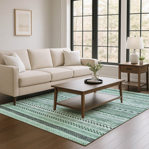 HomeRoots 9' X 12' Teal and Gray Striped Area Rug - Durable, Washable, UV Protected for High-Traffic Spaces 695209