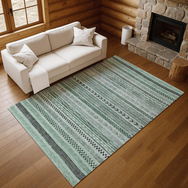 HomeRoots 9' X 12' Teal and Gray Striped Area Rug - Durable, Washable, UV Protected for High-Traffic Spaces 695209